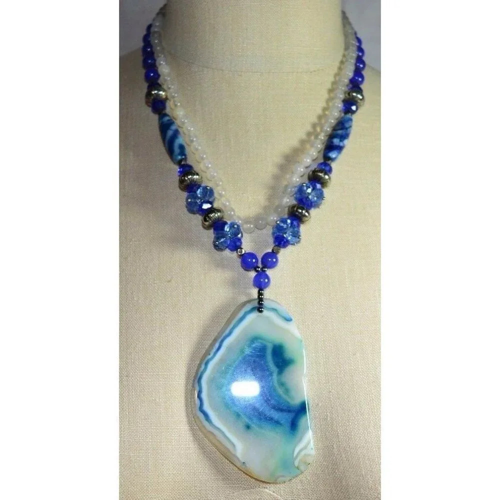 Boho Silver Tone Blue White Art Glass Swirl Crysta